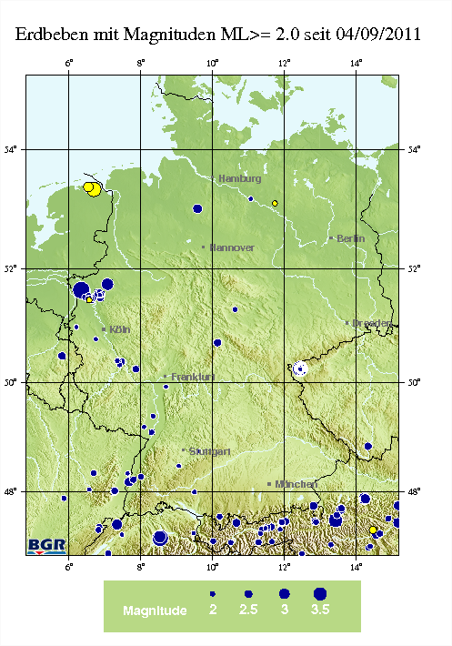 Karte von Deutschland mit seismischen Ereignisse der letzten 12 Monate
